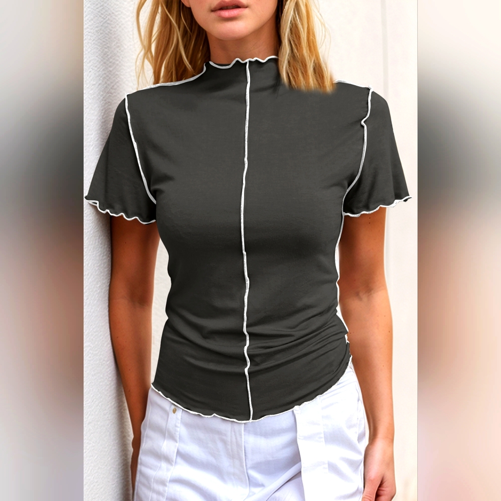 Basic Bae Contrast Trim Mock Neck Short Sleeve T-Shirt